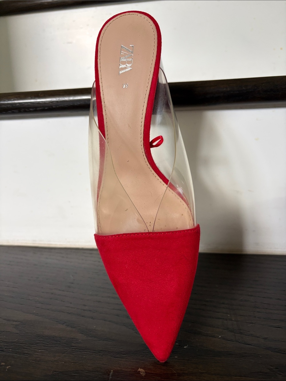 Red Pointed Toe Clear Panel Block Heel Mules - ZARA